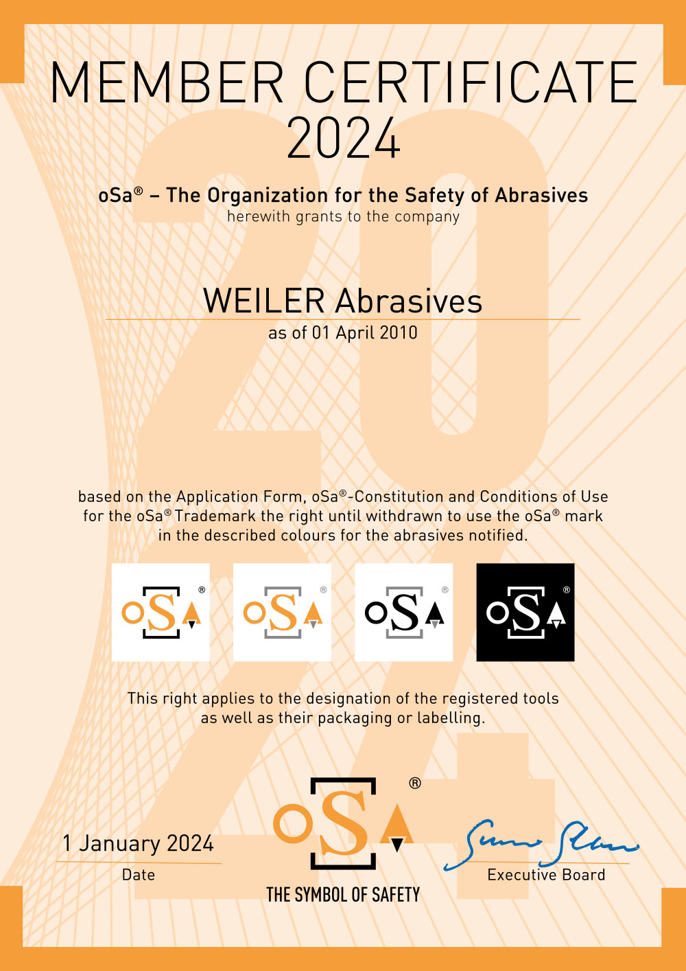 The oSa certificate for 2024 grnted to Weiler Abrasives